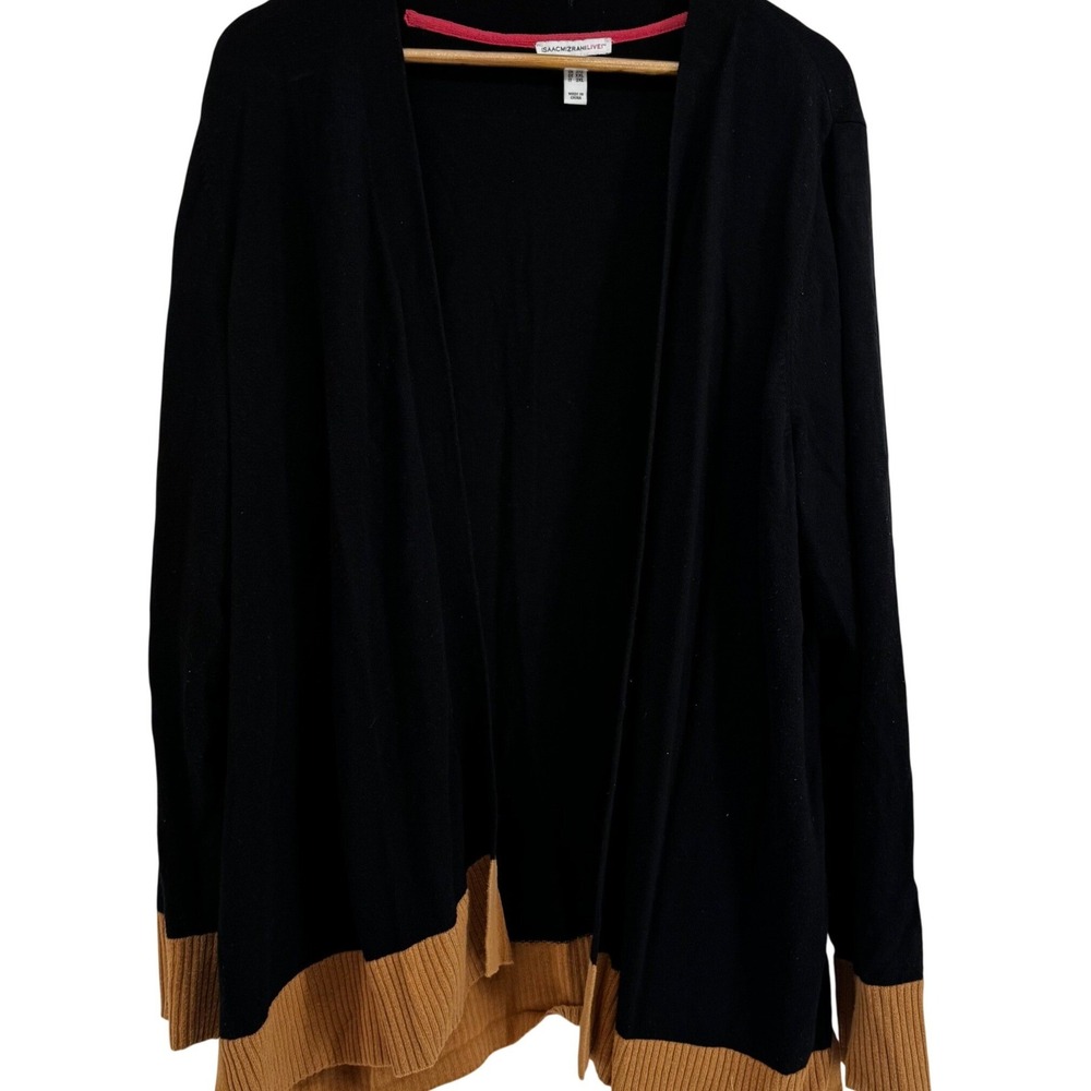 Isaac Mizrahi Live Womens 2X Cardigan Black Tan Colorblock Open Front Classic